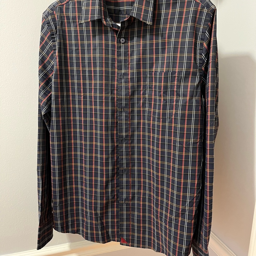 Men’s UnTuckIt brand button down- navy with red and gold tartan- size large